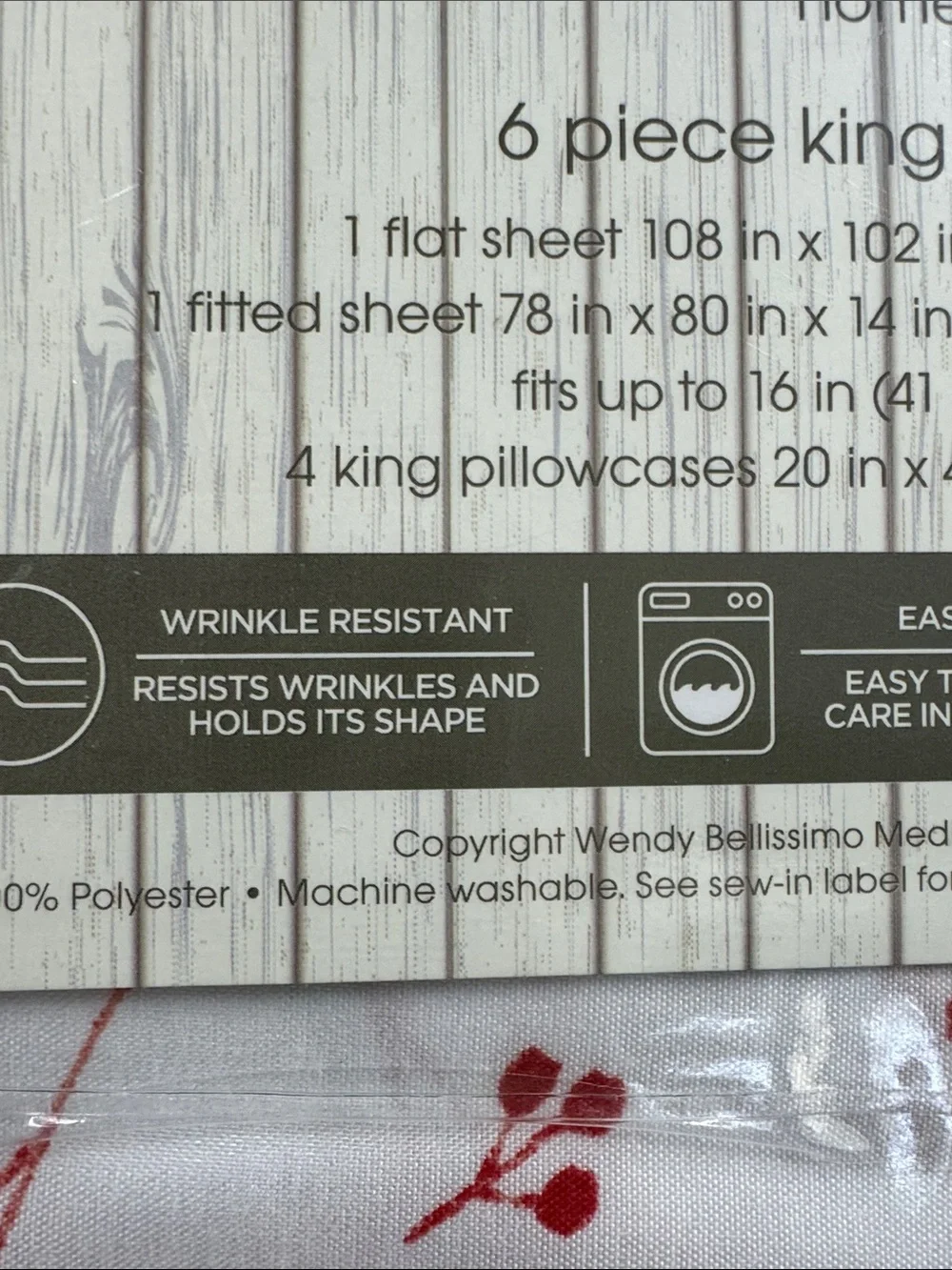 Wendy Bellissimo White Sheet Set with Red & Green Berry Sprig Print NEW
